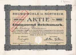 Nr. 1219 Nur 10 Stück lagen im Reichsbankschatz, davon 8 Exemplare wegen massiven Schimmelbefalls nicht verwendbar. Los 1222 Schätzwert 250-300 Rhume-Mühle Northeim, Namensaktie 1.000 Mark 15.11.