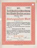 Los 1394 Schätzwert 100-125 Stadt Plauen i.v. Plauen i.v., 14 % Schuldschein 100.000 Mark 27.4.1923 (Auflage 1700, R 9) EF Hübsche Umrahmung mit Stadtwappen.