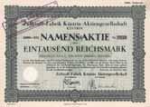 1900 (R 12), ausgestellt auf Herrn Procurist Walther Wunsch, Wurzen VF Sehr hübsche Rankwerk-Umrahmung, Originalunterschriften. Gegründet am 30.10.1899. Mit Vermerk als RM 1.000,- gültig, die Ges.