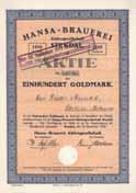 Los 729 Schätzwert 50-100 Hansa-Brauerei AG Stendal, Namens-Aktie 100 Goldmark 23.12.1924 (Auflage 1700, R 3) EF Gründung 1899 als Bergbrauerei AG zu Stendal.