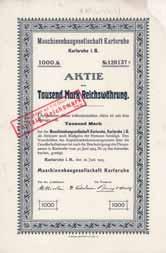 1010 Los 1016 Schätzwert 30-75 Maschinenbau-AG vormals Starke & Hoffmann Hirschberg i. Schlesien, Aktie 1.000 Mark 15.7.1922 (Auflage 5750, R 3) EF- Großes Querformat, schöne Zierumrahmung.