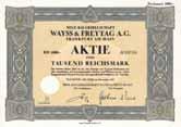Los 1081 Schätzwert 30-75 Neue Baugesellschaft Wayss & Freytag AG Frankfurt a.m., Aktie 1.000 RM Nov. 1941 (Auflage 750, R 4) EF Gründung 1875 als ohg Freytag & Heidschuch, AG seit 1900.