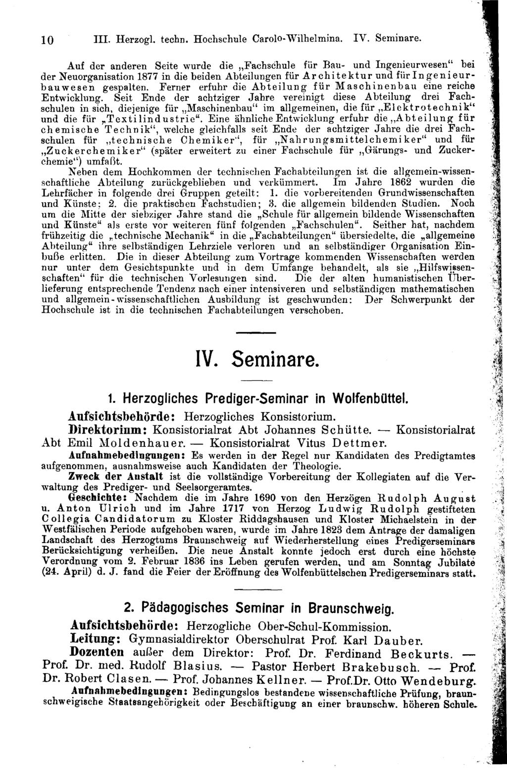 10 1!. Herzog!. techn, Hochschule Carolo-Wilhelmina. V. Seminare.