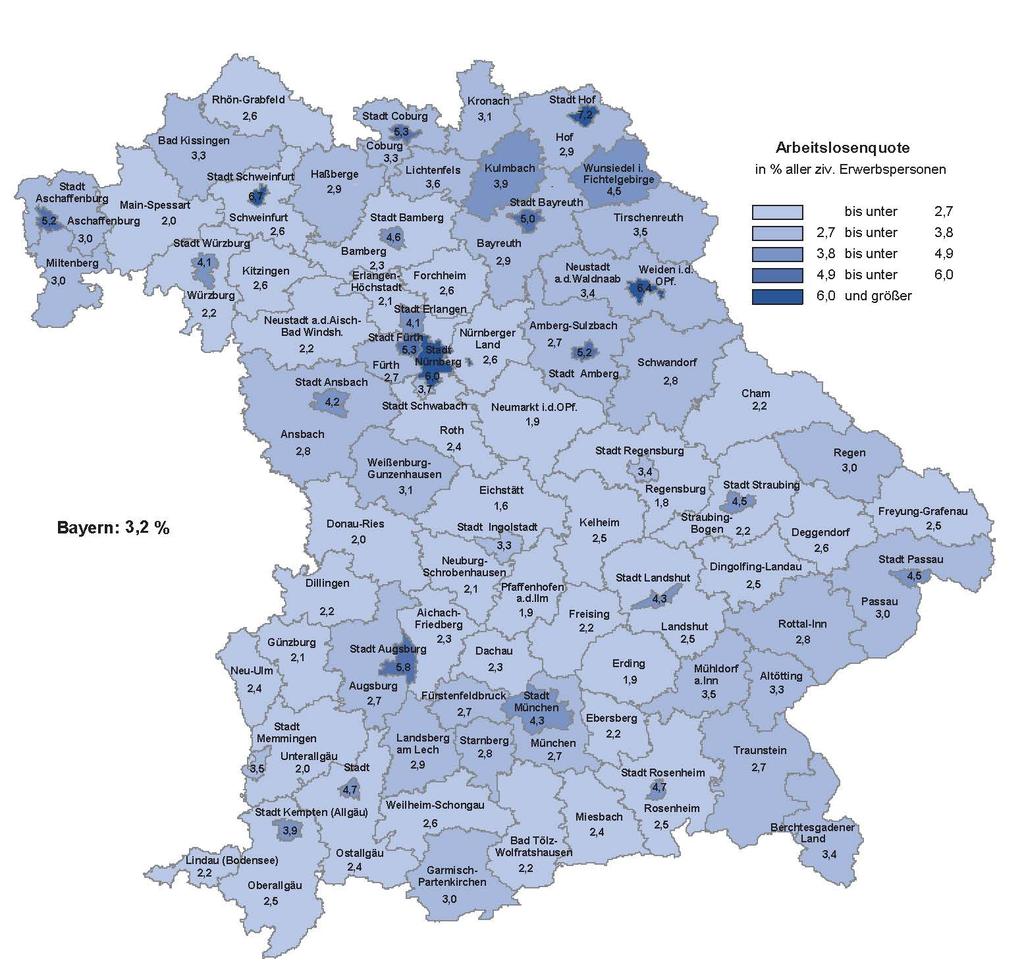 Arbeitslosigkeit in den bayerischen Stadt- und Landkreisen im Karte
