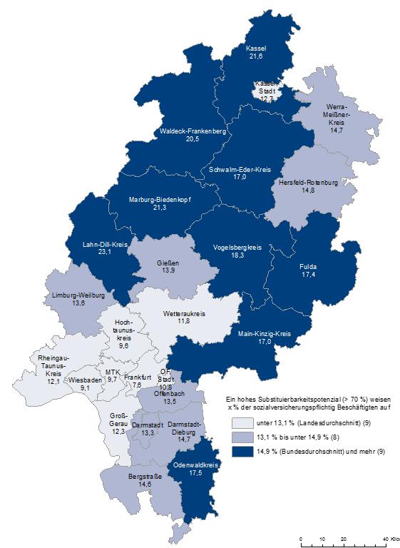 Vom hohen Substituierbarkeitspotenzial der Berufe betroffene Beschäftigte in Hessen In Hessen zeigt sich eine unterdurchschnittliche Betroffenheit für das Rhein-Main-Gebiet.