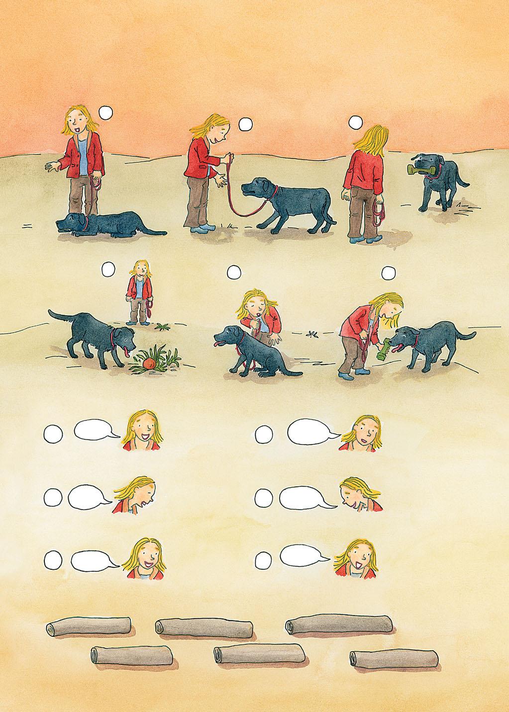 Hanna sagt zu ihrem Hund 1. Schaut euch die Bilder an. Besprecht, was der Hund tut. 2. Ordne die Bilder den richtigen Befehlen in den Sprechblasen zu. a b c d e f 3.