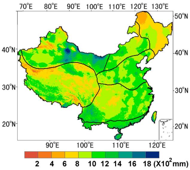 Mittlere (gemessene) Verdunstung in China 1982-2010 (> 1000