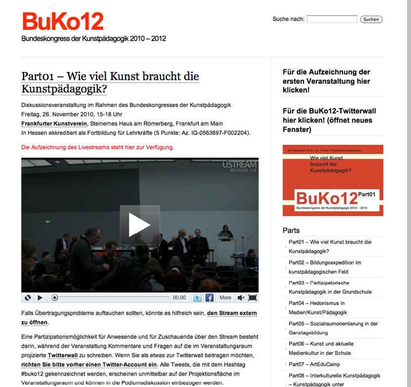 BuKo12 Im Rahmen der Auftaktveranstaltung für den Bundeskongress der Kunstpädagogik 2010 2012 unterstützte der Bereich Medientechnologie die Veranstaltung mit einer Videoaufzeichnung und Live