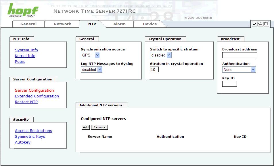 8.3.3.4 Server Konfiguration Wählt man den Link "Server Configuration" aus, werden die Grundeinstellungen für die NTP Basisfunktionalität angezeigt.