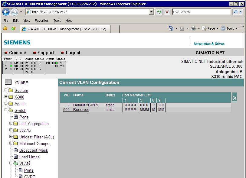 Konfiguration Abbildung 6 Die Seite Current VLAN Configuration stellt die aktuellen Belegungen der Ports hinsichtlich der VLAN-Konfiguration dar.