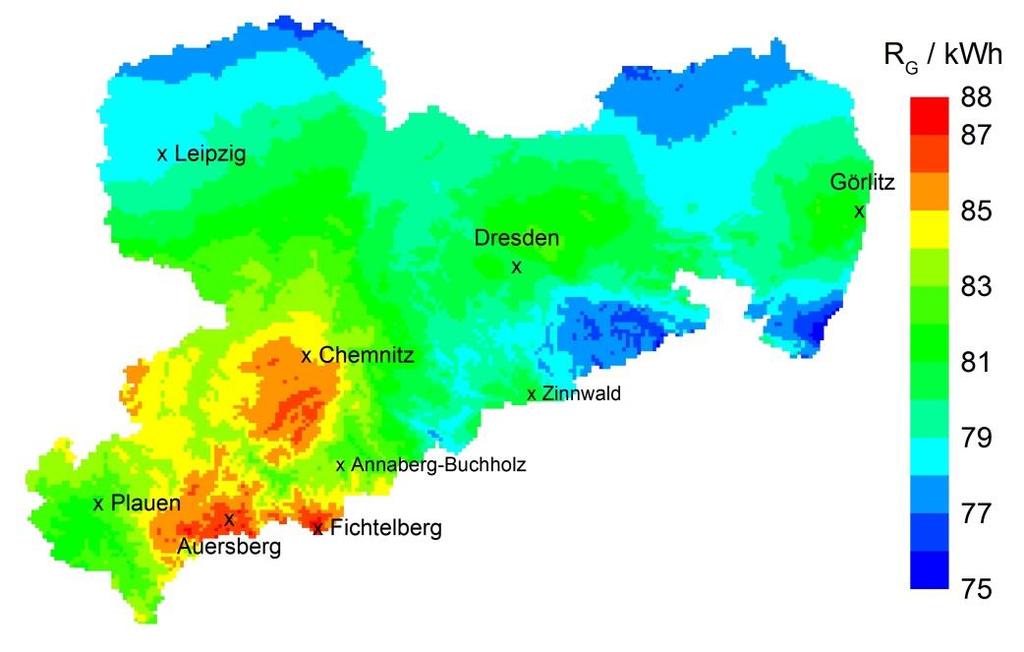 Mittelgebirgseinfluss in Sachsen Luv-Lee-Effekt: Globalstrahlung und Niederschlag Globalstrahlung im Winter Periode