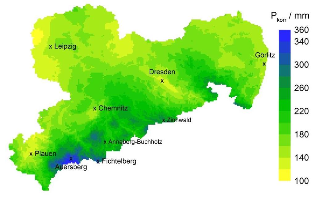 Wind) Niederschlag im Winter Periode 1981-2010 Hohe Werte im Westerzgebirge (Stau) Niedrigere Werte im Mittleren