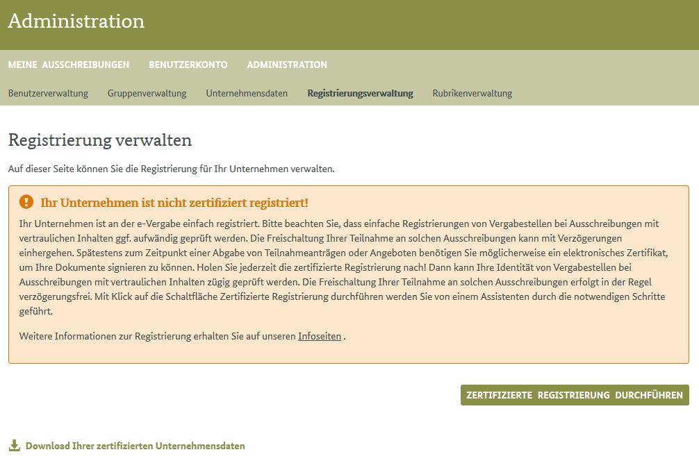 Abbildung 29: Seite Registrierung verwalten in der Administration 6.5.