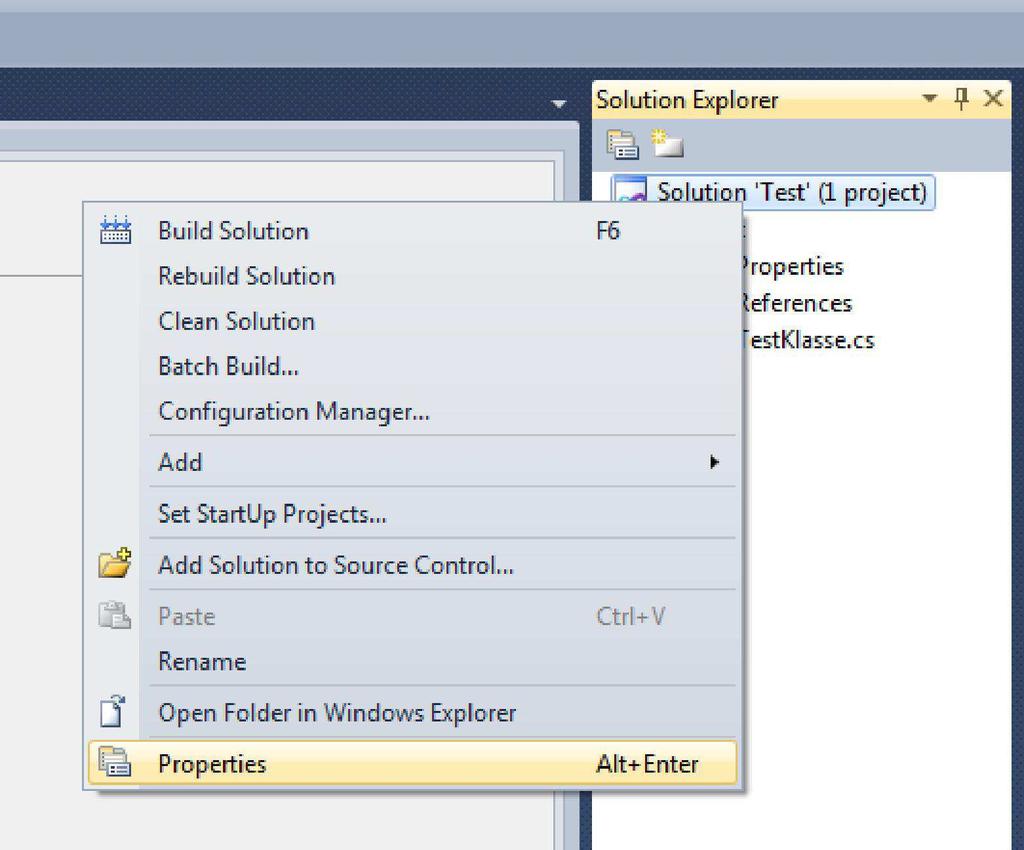 Dann Rechtsklick auf die Projektmappe ganz oben im Projektmappen-Explorer (Solution