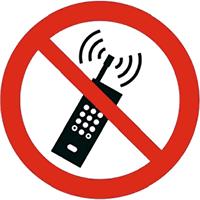 Eingeschaltete Mobiltelefone verboten.