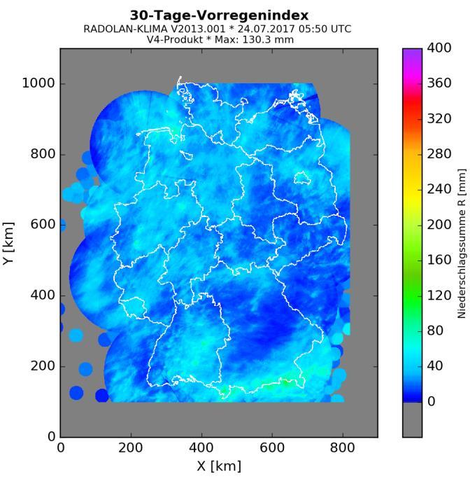 Abbildung 8: DWD Adaption des Wetterextremitätsindex nach Müller und Kaspar (2014) angewendet auf die RADOLAN Messungen. Mit Maximalwerten von 327.2 für die Andauer 48h am 26.