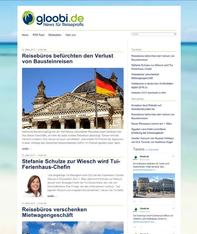 KONZEPT UND ZIELGRUPPE Gloobi ist die aktuelle Nachrichtenseite für Reiseprofis im Internet. Kostenlos und ohne lästiges Log-in. Gloobi richtet sich an den touristischen Reisevertrieb in Deutschland.