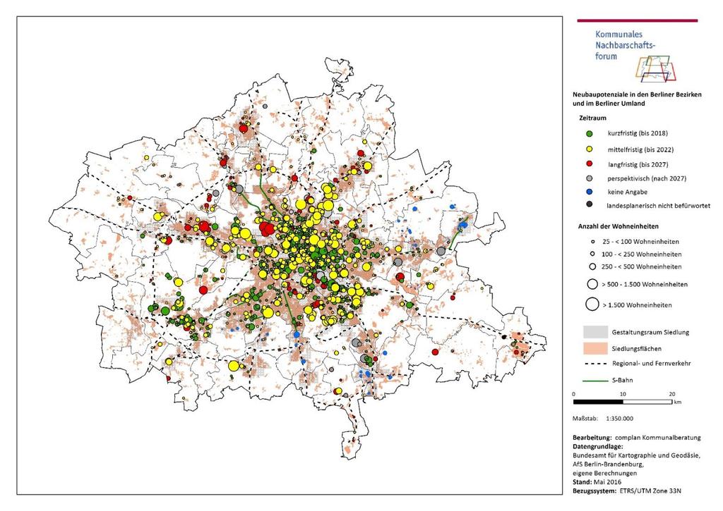 Kommunale Einschätzung in Berlin und im Berliner Umland zu Wohnungsbaupotenzialen auf größeren Neubauflächen Standorte auf größeren Neubauflächen für ca. 180.000 Wohnungen in Berlin.