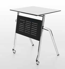 Small table in reinforced steel 31x17 mm, with front castors and rear feet. It is characterized by a front panel of varnished sheet metal.