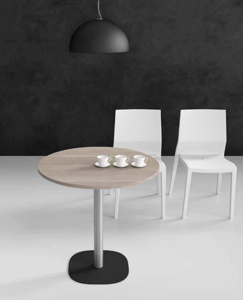 PALLINO Serie di tavoli caratterizzata da una base quadrata in acciaio 400x400 mm con angoli stondati verniciata nera e con colonna diametro 60 mm in acciaio inox satinato.