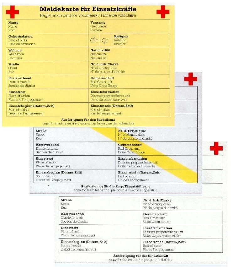 Ablauf der Registrierung - Ergänzung der Meldekarte für Einsatzkräfte um die einsatzrelevanten Daten (ggf. Ausfüllen der gesamten Meldekarte) - Trennung des Formularsatzes: - 1.