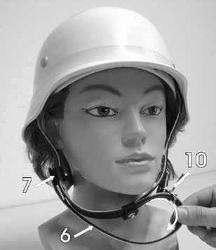 4. Aufsetzen des Helmes Setzen Sie den Helm auf den Kopf und ziehen Sie den Kinn-Nacken- Riemen (6)