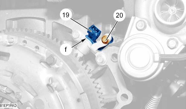 Motoren: 4HU (120 PS) Fahrzeug mit Klimakompressor Werkzeug [1] ausbauen. Drehzahlsensor (11) und Schraube (12) einbauen.