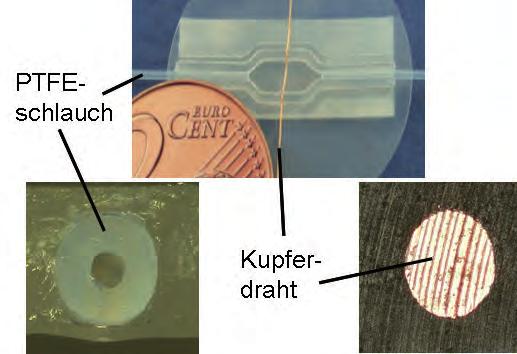 1 zeigt Schnitte durch eine 100 µm dicke Folie aus Polyetheretherketon (PEEK), die durch Thermoformen mit Ultraschall mikrostrukturiert wurde, und durch eine 600 µm dicke Folie aus Polyethylen (PE),
