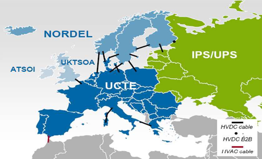 European synchronous areas UCTE Capacity: 631 GW Peak load: 390 GW Consumption: 2530 TWh Population 450 m in 24 countries 50 Hertz largest synchronous electrical