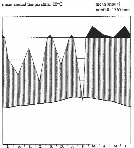 22 Abb. 15: Klimadiagramm der Osterinsel, Standort Mataveri/ Flughafen, nach MUELLER-DUMBOIS et al. 1975. (ZIZKA, 1989, S. 23)