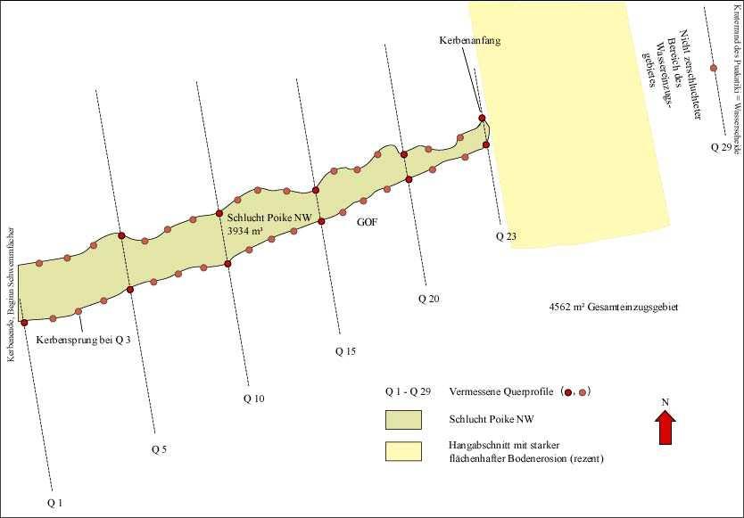 67 Abb. 52: Schematische Darstellung der Schlucht Poike NW mit vermessenen Querschnitten, dem Einzugsgebiet und der Kerbe selbst. 5.5. Poike Ost Am Standort Poike Ost, Cabo Cumming erreicht die Bodenerosion ihr bislang größtes Ausmaß.