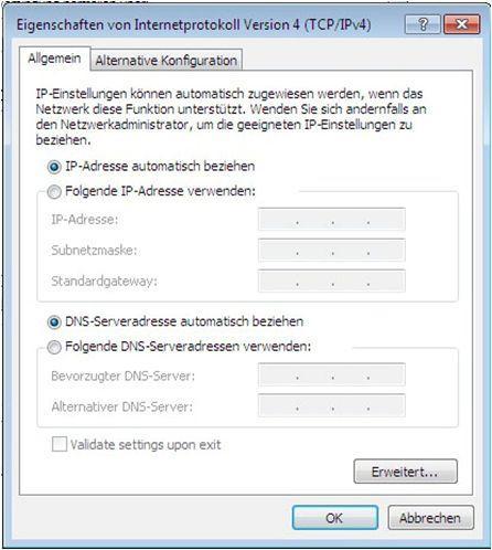 Eigenschaften von Internetprotokoll Version 4 In diesem Fenster können Sie die IP- Einstellungen für Ihre Netzwerkkarte vornehmen.