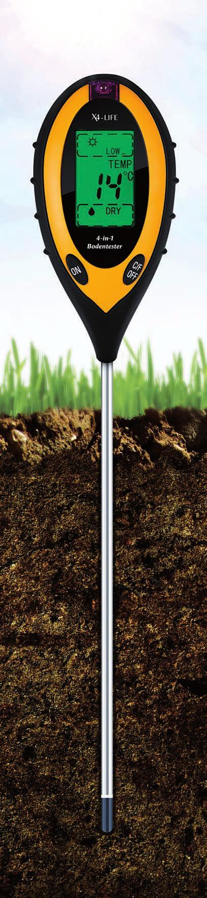 Ermitteln Sie einfach und sicher die Bodenqualitat 4 in 1 Bodentester Digitales Bodenmessgerät Mit dem digitalen Bodenmessgerät ermitteln Sie schnell und bequem ph Wert, Feuchtigkeit und Temperatur