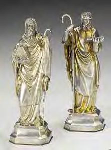 4503 Zwei Apostel, wohl Deutschland, 18./19. Jh. Silberstatuetten. Bärtige Männer in weiten Kleidern mit Wanderstab und Buch.