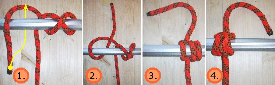 Die Schleife des Schleifknotens blockiert bei Zug an einem Seilende, während bei Zug am anderen Seilende die Schleife selbst aufgezogen und gelöst werden kann.
