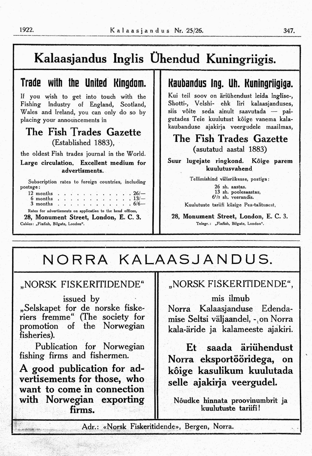 1922. Kalaasjandus Nr. 25/26. 347. Kalaasjandus Inglis Ühendud Kuningriigis. Trade with the United Kingdom.