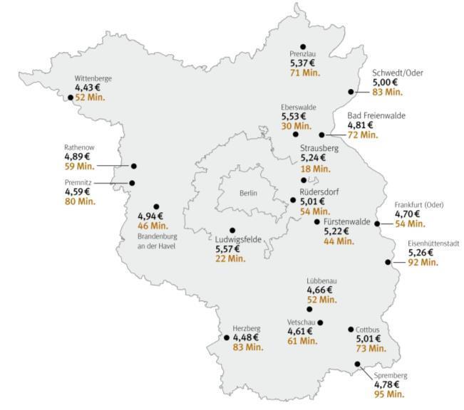 Potenziale: Hohe Wohnpotenziale in Brandenburg Stadt (Leerstand > 200 BBU-Wohnungen) BBU-Neuvertragsmiete 2014 Fahrtzeit nach/von Berlin Leer stehende BBU-Wohnungen in einem 60-Minuten-Radius um