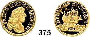 Deutsche Münzen und Medaillen 41 Nachprägungen von historischen Münzen 375 Preußen, Goldnachprägung Guinea-Dukat 1683 (2003). 20 mm. 3,5 Gramm.