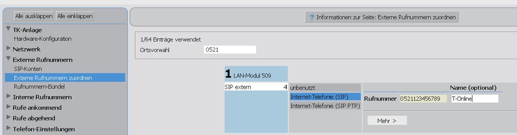 ALL-IP an AS-Systemen 2/2 Klicken Sie nun auf den Punkt "Externe Rufnummern/Externe Rufnummern zuordnen". Geben Sie unter "Ortsvorwahl" Ihre Ortsvorwahl ein.