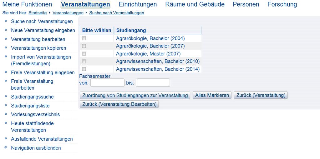 Eine Eingrenzung innerhalb der Fachsemester ist an dieser Stelle zusätzlich möglich.