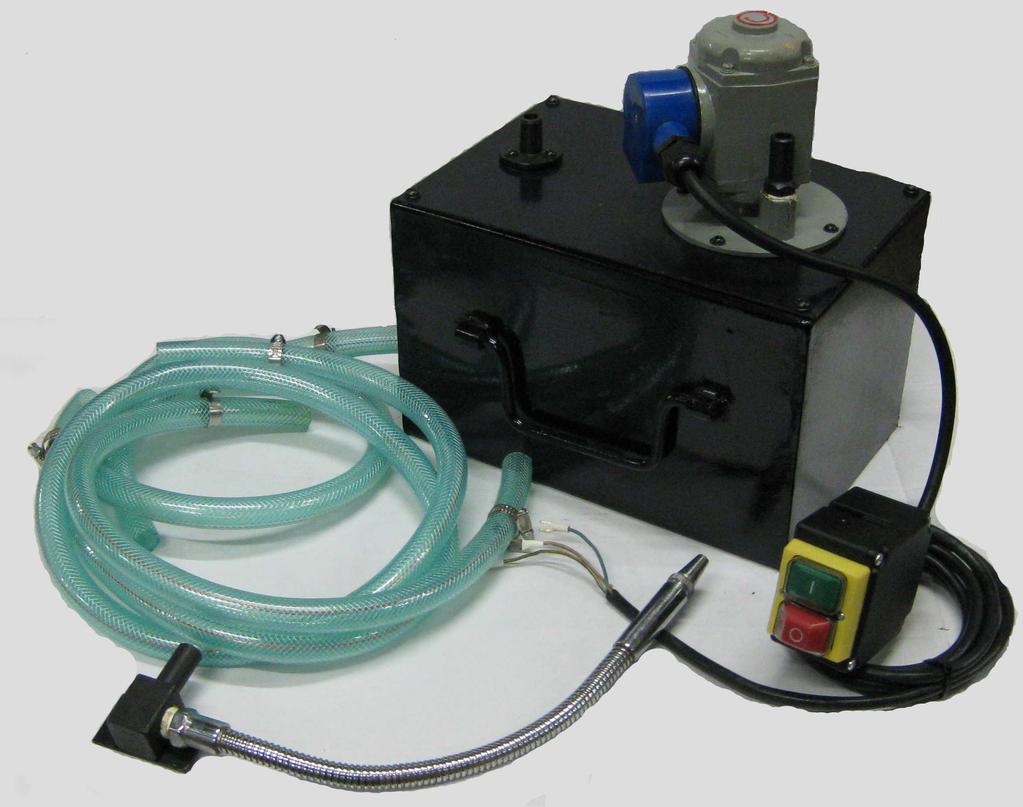 Kühlmitteleinrichtung KE230 - Kühlmittelpumpe mit geschweißtem, lackiertem Stahlblechbehälter - Zuleitungskabel mit Unterpannungs-Schalter - Zulauf und Ablaufschläuche mit Schellen - flexibler