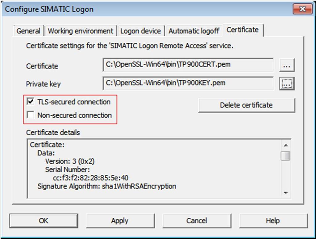 2 Installation und Konfiguration von SIMATIC Logon 5. Aktivieren Sie das Optionskästchen TLS-gesicherte Verbindung. Klicken Sie anschließend auf Übernehmen und starten Sie den Rechner neu.