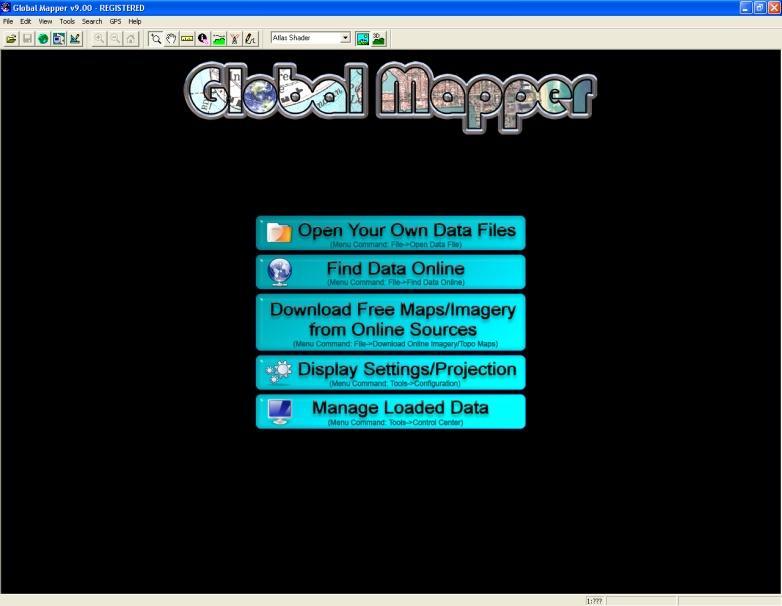 Symbol von Global Mapper Folgende Startoberfläche erscheint auf dem