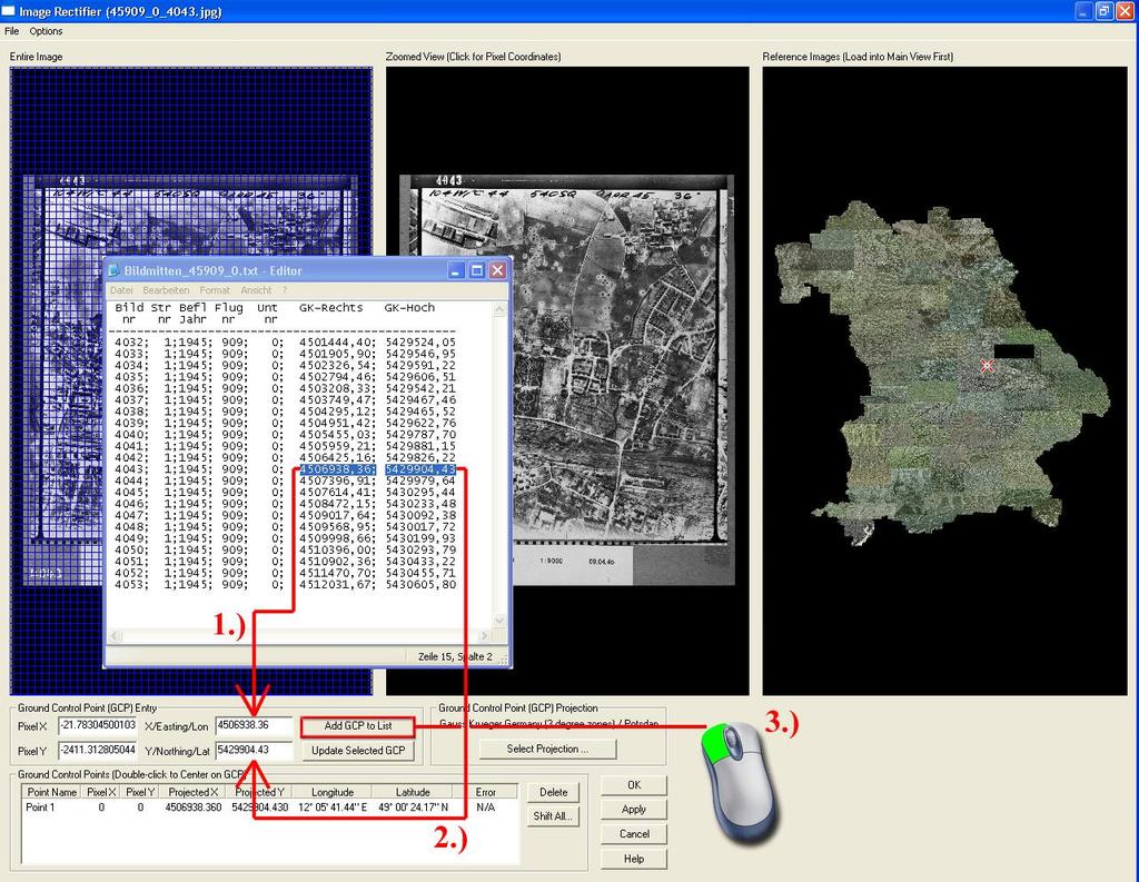 15. Die Vorpositionierung der Luftbilder Die Koordinaten der Bildmitten sind in der Datei aufgelistet. Sie befindet sich im Verzeichnis C:\Daten fuer die Georeferenzierung\45909_0.