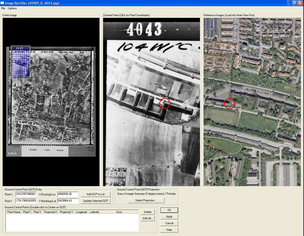 16. Suchen identischer Punkte Die eigentliche Schwierigkeit beim Georeferenzieren der Alliierten Luftbilder besteht darin, identische Punkte im Alliierten Luftbild und im Orthophoto zu finden.