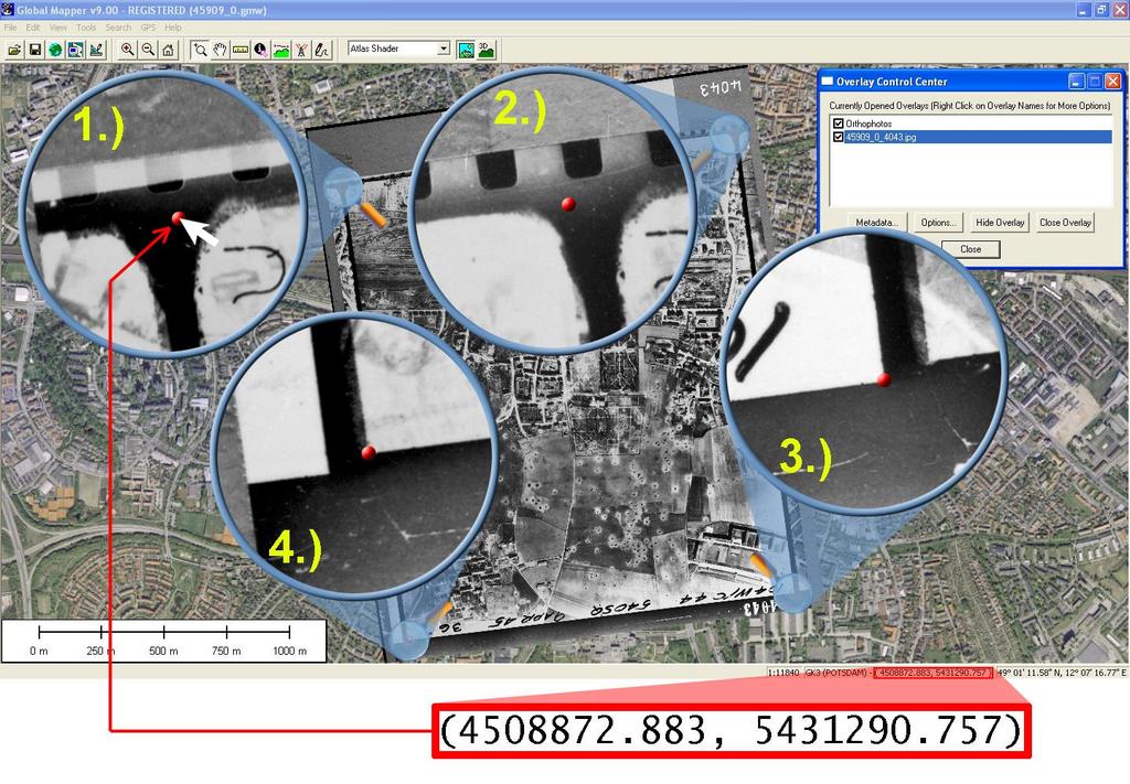 24. Messen der Bildecken Um die Footprints festlegen zu können müssen die Bildecken der georeferenzierten Alliierten Luftbilder manuell gemessen werden.
