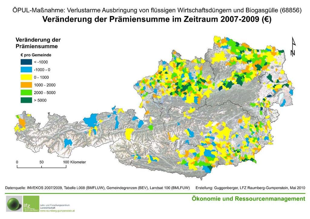 Abbildung 6: Darstellung der Veränderung der Prämiensumme im Zeitraum von 2007-2009 ( ) auf Gemeindeebene für die ÖPUL Maßnahme Verlustarme Ausbringung von flüssigen Wirtschaftsdüngern und