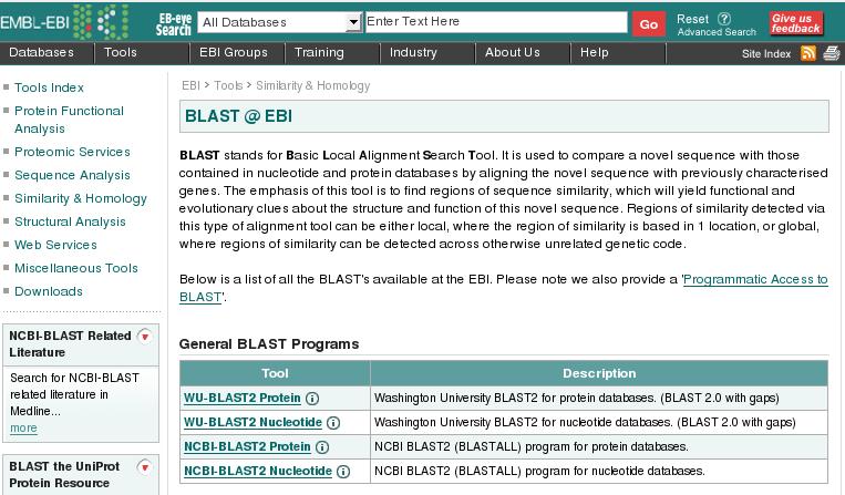 Softwarewerkzeuge der Bioinformatik Sequenzanalyse 2.2 Als Eingabe wählt man die zu verwendende BLAST-Variante und die Sequenz, zu der ähnliche Sequenzen gefunden werden sollen.