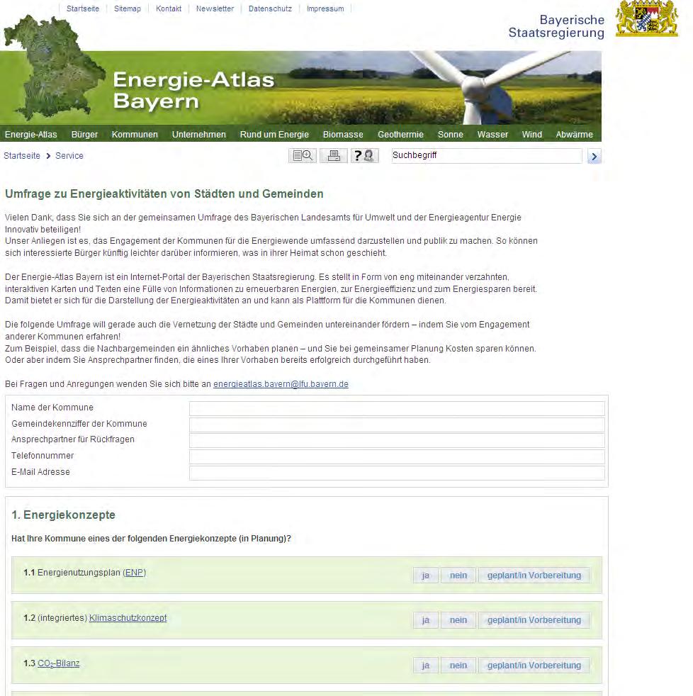 Umfrage zu Energieaktivitäten von Städten und Gemeinden Bayerischer Energieatlas als zentrales Instrument Sammlung Daten Information
