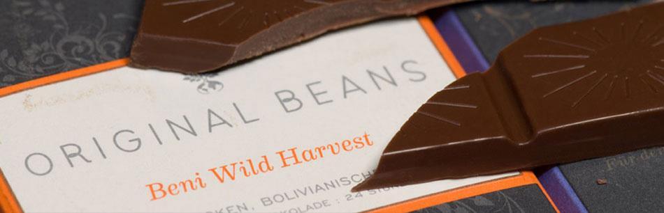 Die Schokoladen-Sorten: BENI WILD HARVEST fruchtige Dunkelschokolade Original Beans beteiligt sich seit mehreren Jahren aktiv am Erhalt des seltenen und 100% wilden Beni-Kakao.
